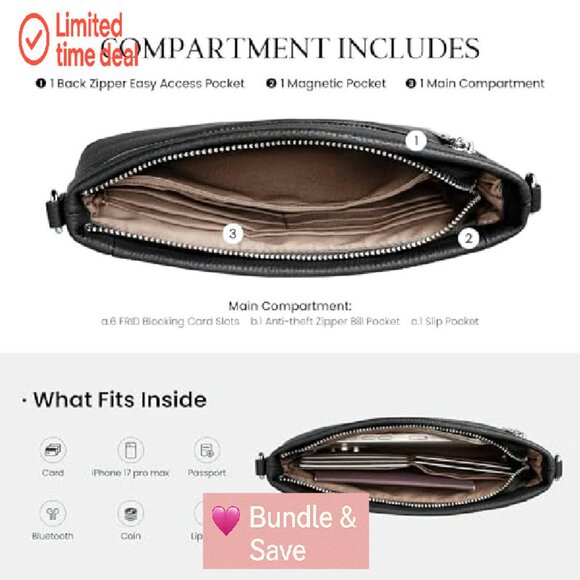 Genuine Leather Crossbody Bag with RFID Blocking, Wristlet & Adjustable Strap - Picture 6 of 8